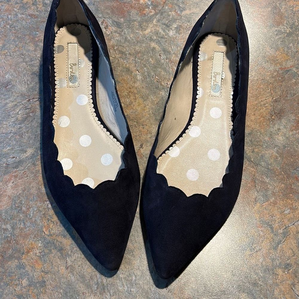 Boden Scalloped Navy Suede Pointed Ballet Flats 41 10.5
